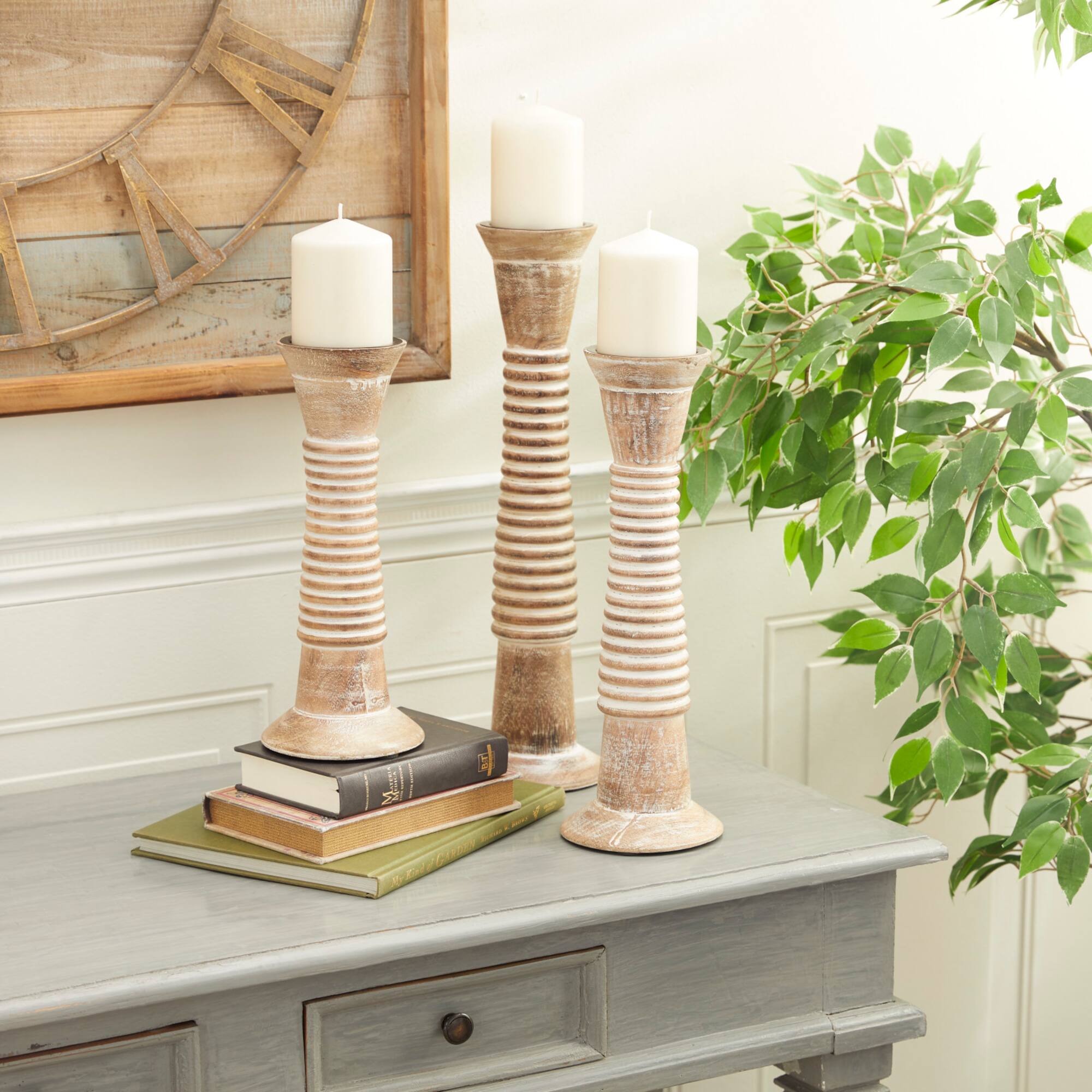 Brown Mango Wood Traditional Candle Holder Set